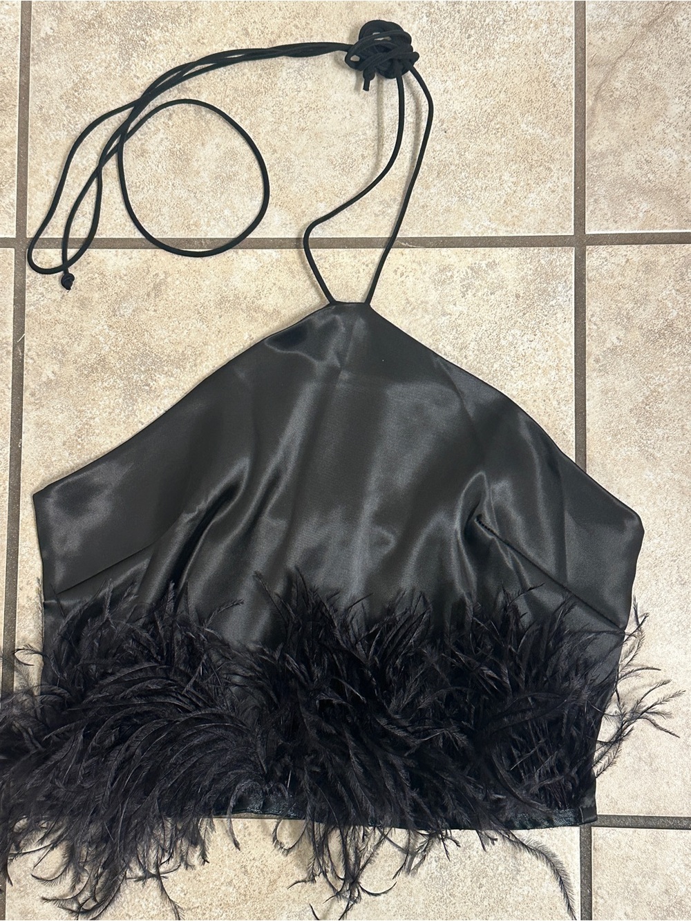 SHEIN Black Satin Halter Crop Top with Feather Hem